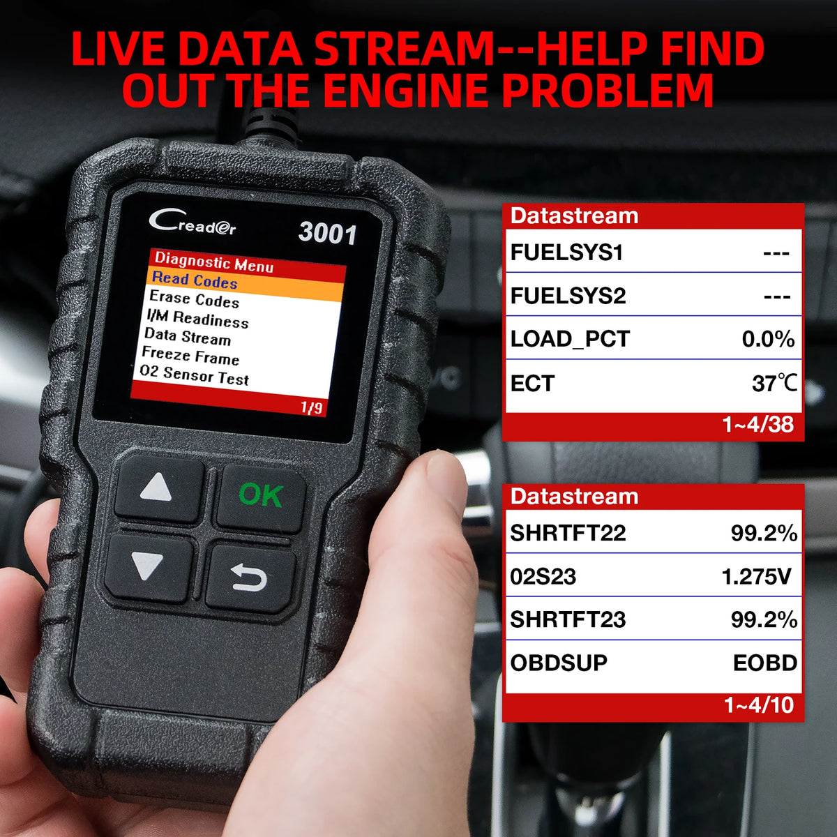 Datos en tiempo real del motor en la pantalla del lector OBD2 Launch CR3001.