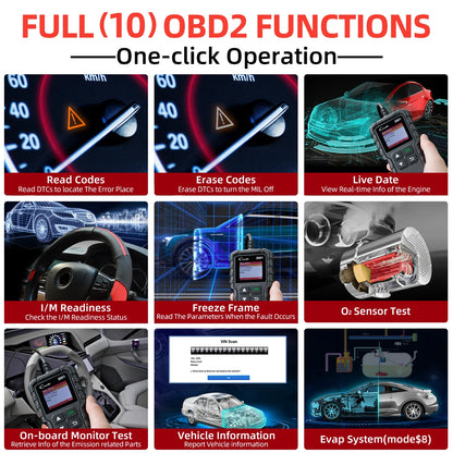Las 10 funciones OBD2 del Launch CR3001: leer y borrar códigos, datos en vivo, preparación I/M, cuadro congelado y sonda lambda.
