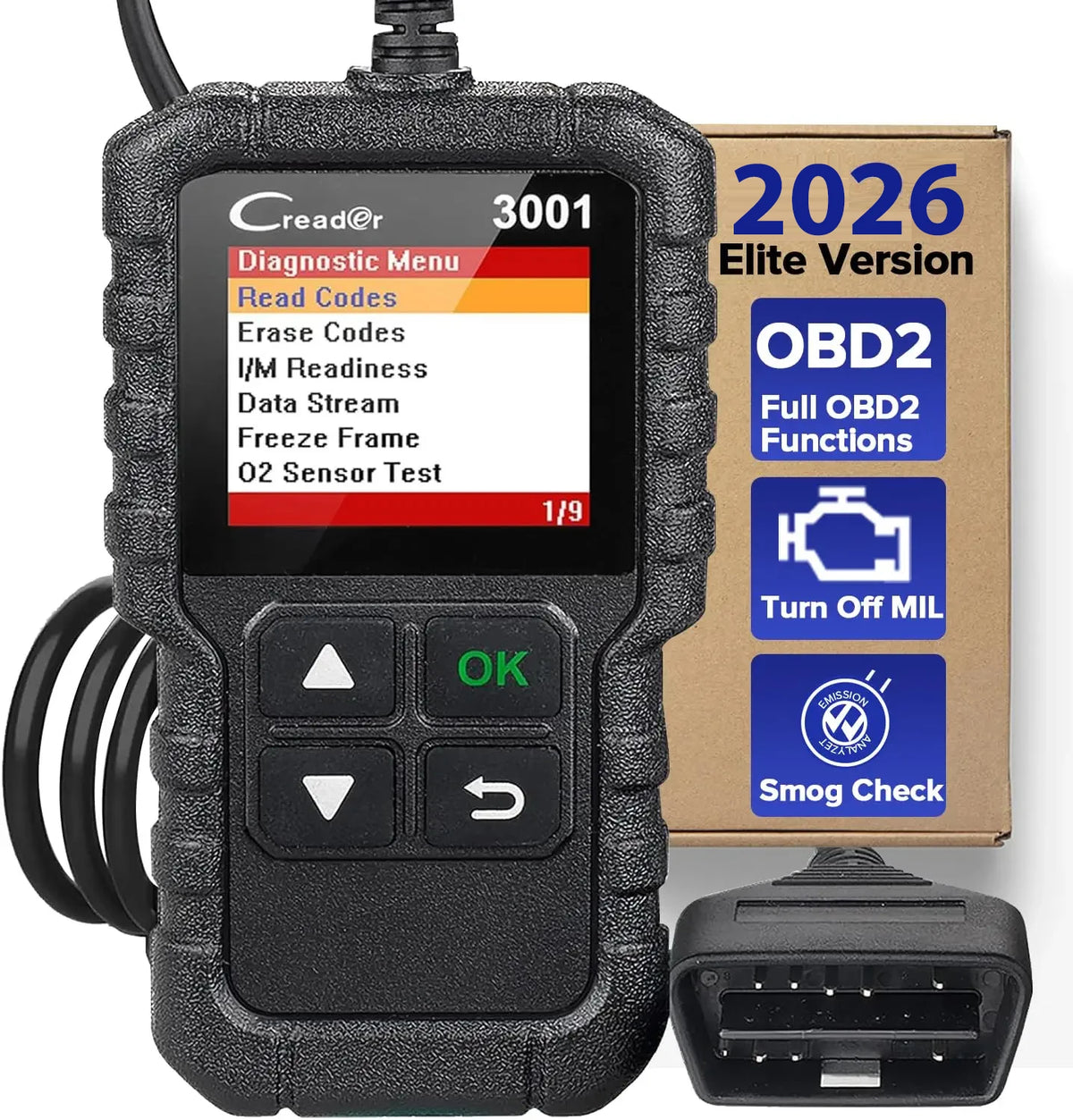 Lector de códigos OBD2 Launch Creader CR3001 con pantalla a color y menú de diagnosis, junto a su caja.